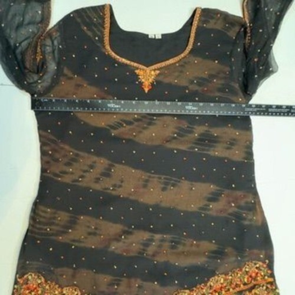 Vtg Beaded Sequined Sheer‎ Tunic Top XL Black Split Tie Sleeves Dark Whimsygoth - Picture 12 of 15